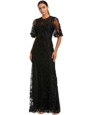 Mac Duggal Petite Flutter Sleeve Floral Embroidered Net Gown - Black