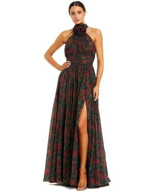 Mac Duggal Floral Chiffon 3d Flower Halter Neck Gown - Brown