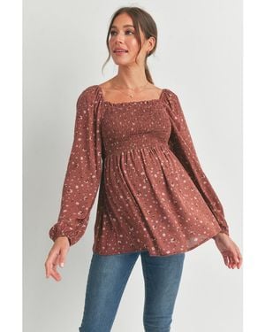 Hello Miss Maternity Smocked Square-neck Floral Blouse - Red