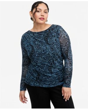 INC International Concepts Plus Size Ruched Long-sleeve Paisley Top - Blue