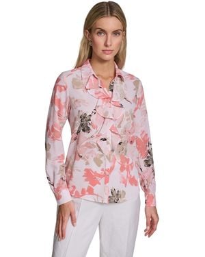 Calvin Klein Petite Floral-print Long-sleeve Blouse - Red