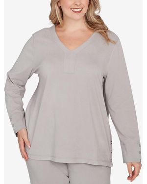 Ruby Rd. Plus Size Luxe Rib V-neck Button Accent Knit Top - Gray