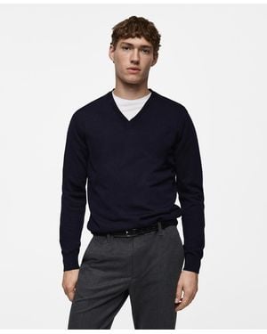 Mango Slim-fit Merino Wool V-neck Sweater - Blue
