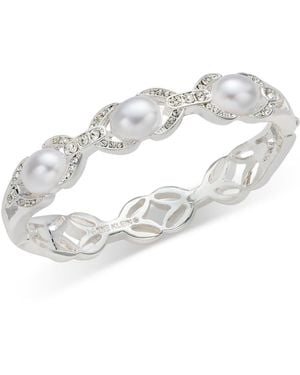 Anne Klein Imitation Pearl & Glass Crystal Silver-tone Open Hinge Bracelet - White