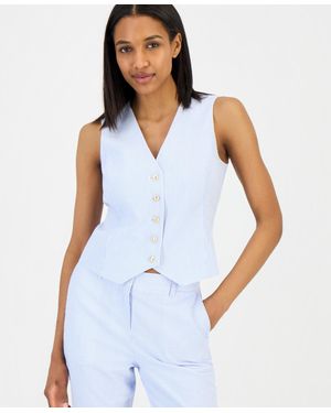 Tahari Seersucker Stripe Cotton Button-front Vest - Blue