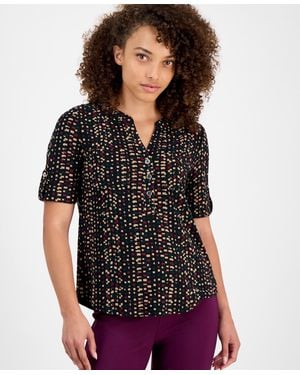 Anne Klein Petite Printed Rolled-sleeve Button-front Top - Black