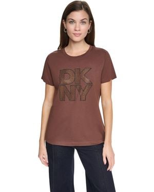 DKNY Distressed Rhinestone Logo Crewneck T-shirt - Purple