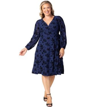 Kiyonna Plus Size Blair Long-sleeve Floral V-neck Wrap Dress - Blue
