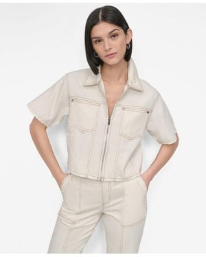 DKNY Contrast-stitched Denim Zip-front Jacket - Natural