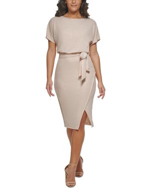 Kensie Boat-neck Faux-wrap Blouson Shimmer Dress - Natural