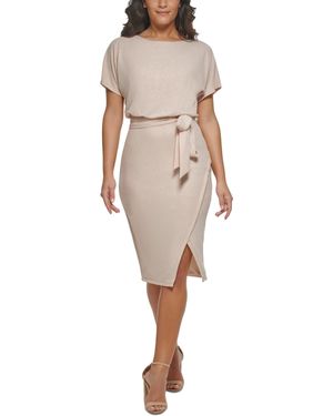 Kensie Boat-neck Faux-wrap Blouson Shimmer Dress - Natural