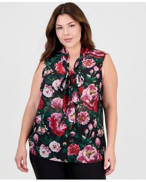 Tahari Plus Size Tie Front Floral-print Sleeveless Blouse - Red