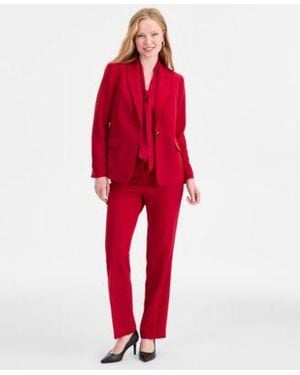 Kasper Stretch Crepe One Button Jacket Tie Neck Sleeveless Top Straight Leg Pant - Red
