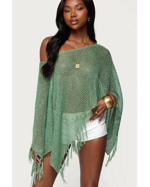Edikted Sequin Fringe Knit Poncho - Green