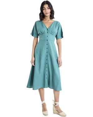 Maggy London Button-front V-neck Midi Dress - Blue