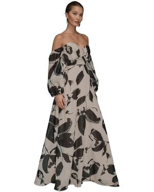 Donna Karan Floral Print Sweetheart Neckline Puff Sleeve Gown - Multicolor