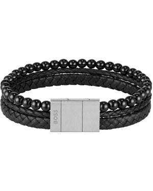 BOSS Sphere Mixed Ionic Plated Brown Leather Yellow Tiger Bracelet - Black