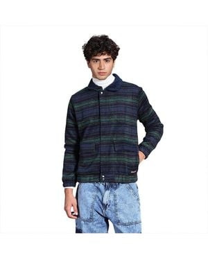 Campus Sutra Navy & Emerald Green Striped-jacquard Sherpa-lined Jacket - Blue