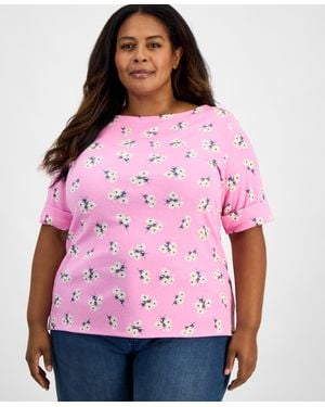 Style & Co. Plus Size Printed Elbow-sleeve Knit Top - Pink