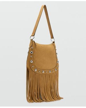 Mango Fringes And Stud Details Suede Bag - Metallic