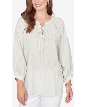 Ruby Rd. Petite Crinkle Stripe Tie Front Peasant Top - White