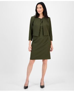 Le Suit Open-front Collarless Jacket And Sheath Dress Suit Set - Green