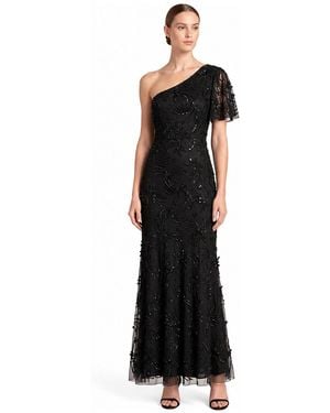 Lara One-shoulder 3d Floral Embellished Long Gown - Black