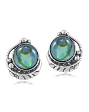 American West Jewelry Sterling Silver Abalone Shell Leaf Design Button Earrings - Blue