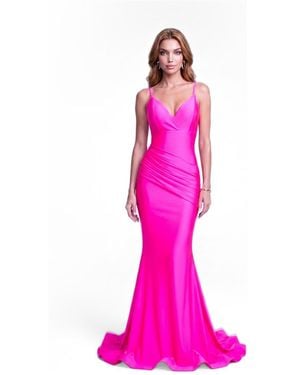 Jessica Angel Plunge-neck Ruched Mermaid Gown - Pink