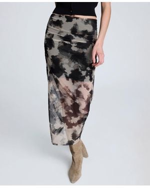 Kenneth Cole Side Ruched Printed Mesh Midi Skirt - Black