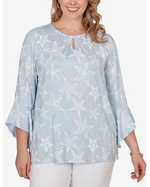 Ruby Rd. Plus Size Starfish Puff Print Flutter Sleeve Top - White