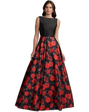 Mac Duggal Floral Print Mikado Bateau Ball Gown - Red
