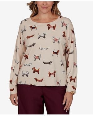 Ruby Rd. Plus Size Ballet Neckline Allover Dog Print Long-sleeve Sweater - Red