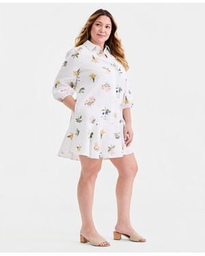 Charter Club 100% Linen Print Button-front 3/4-sleeve Dress - White