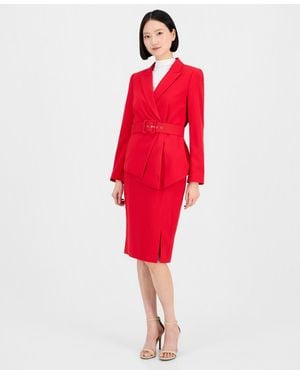 Tahari Asymmetrical Belted Jacket & Pencil Skirt Suit Set - Red