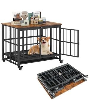 Rui Foldable Dog Crate Furniture End Table Removable Tray Lockable Door Wheels - Brown