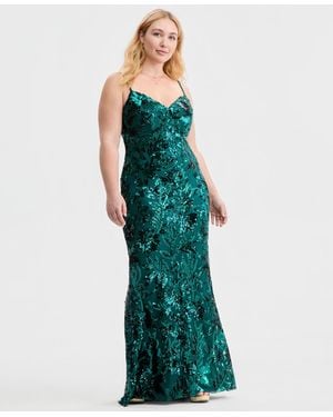 B Darlin Trendy Plus Size Floral Sequin Sleeveless Gown - Green