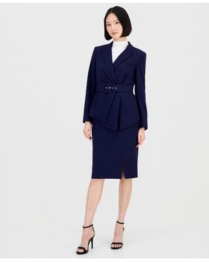Tahari Asymmetrical Belted Jacket & Pencil Skirt Suit Set - Blue