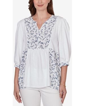 Ruby Rd. Petite Mixed Fabric Sharkbite Knit Top - White