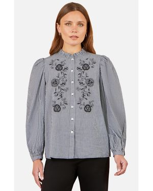 Yumi' Gingham Embroidered Long-sleeve Blouse - Gray
