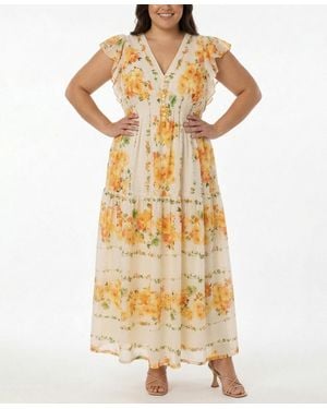 Taylor Plus Size Floral-print Flutter-sleeve Maxi Dress - Metallic