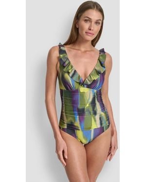 DKNY Ruffle Plunge Underwire Tummy Control One-piece Swimsuit - Green