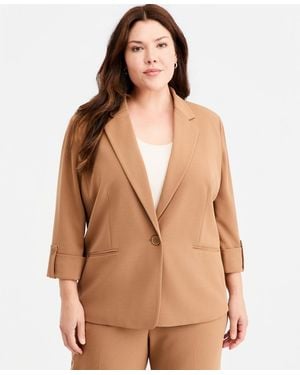 Anne Klein Essentials Plus Size Roll-tab-sleeve One-button Blazer - Brown