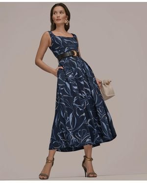 Donna Karan Square Neck Belted A-line Dress - Blue