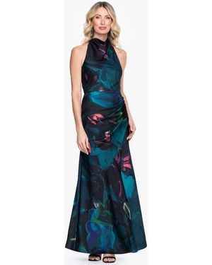 Betsy & Adam Petite Sleeveless Halter Neck Gown - Blue