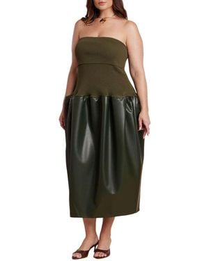 Eloquii Plus Size Faux Leather Sweater Mixed Dress - Natural