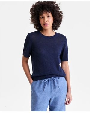Charter Club Linen Blend Textured Crewneck Short-sleeve Sweater - Blue