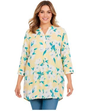 Woman Within Plus Size Floral V-neck Three-quarter-sleeve Tunic Blouse - Blue