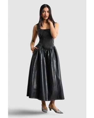 Warehouse Faux Leather Whipstitch Trim Midi Dress - Black