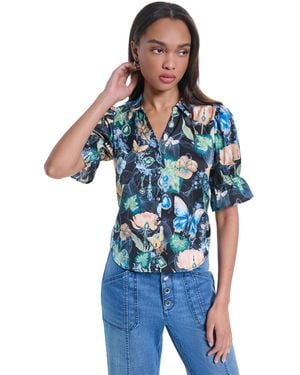 KARL LAGERFELD Petite Collared Printed Woven Top - Blue